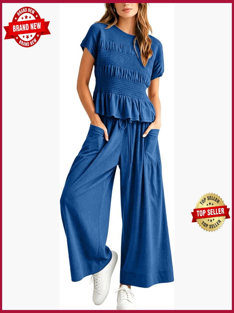 2 Piece Matching Lounge Set Short Sleeve Top Wide Leg Pants Casual Suit